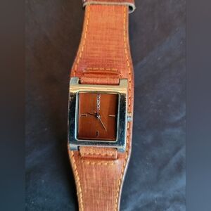 DKNY Brown and Silver Leather Watch with Square Face